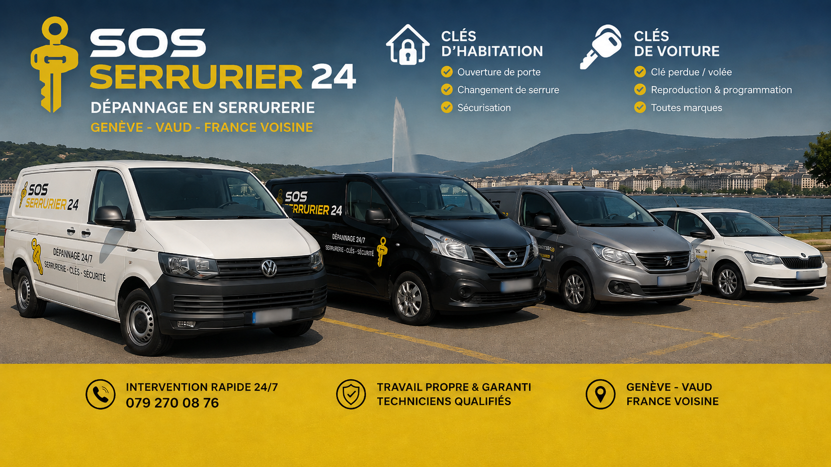Parc de véhicules d’intervention SOS Serrurier 24 pour le dépannage en serrurerie et les clés de voiture à Genève et dans le canton de Vaud