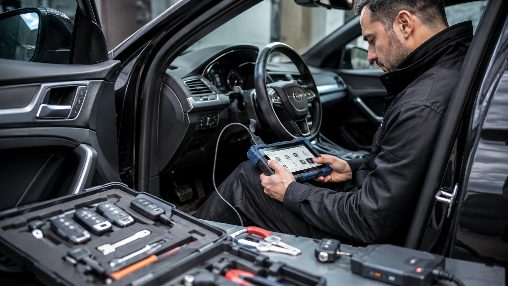 Technicien en serrurerie automobile réalisant la reproduction et la programmation d’une clé de voiture avec des outils de diagnostic et de programmation